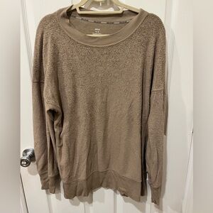 AERIE Chilled Out Oversized Pullover Sweatshirt Tan Ribbed Split Side Womens M